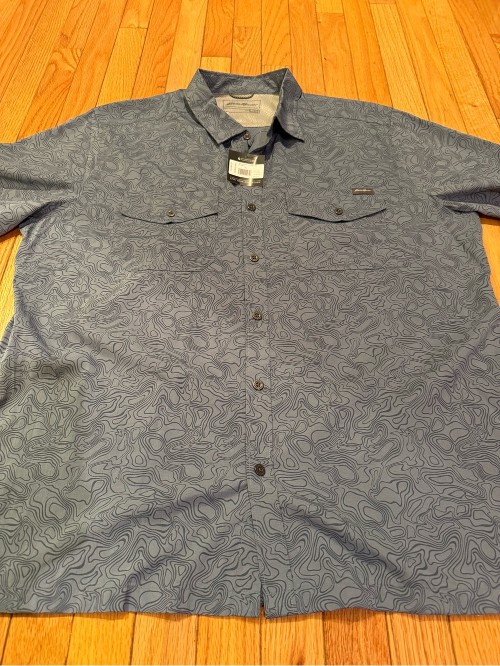 Eddie Bauer Men's Blue Short-Sleeve Topographic Print Button-Down Tech Shirt